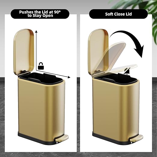 2.6 Gallon Slim Bathroom Trash Can with Soft Close Foot Pedal, 10L Stainless Steel Garbage Can with Removable Liner Bucket, for Narrow Spaces, Bedroom, Gold