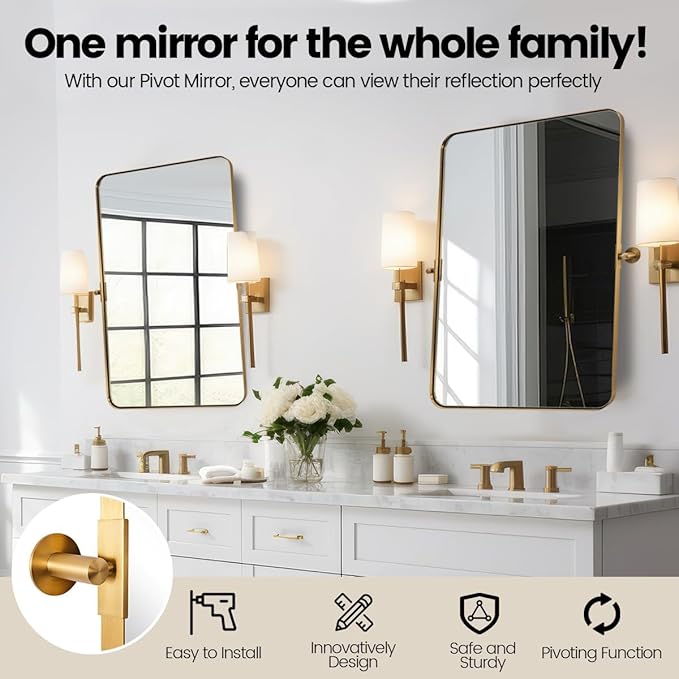 ANDY STAR 28"x36" Brushed Gold Bathroom Mirror for Wall, Brass Metal Framed Pivoting Bathroom Vanity Mirror with Rounded Corner, Tilt Rectangle Wall Mirrors Hangs Vertically Only(Overall 31.75" x 36")