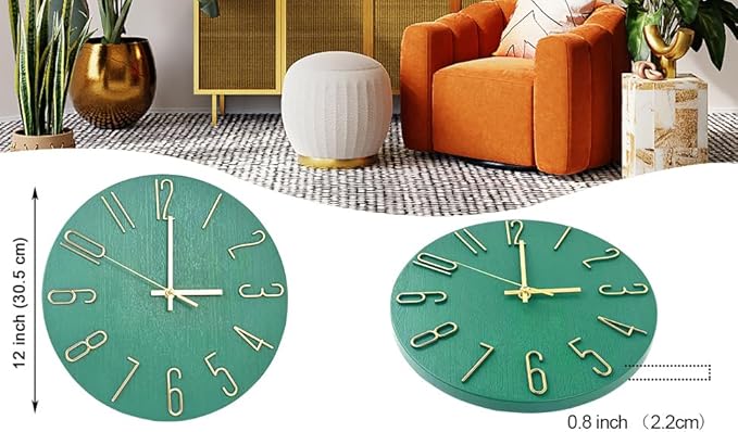Faupugh 12 inch Silent Wall Clock, Battery Powered Wall Clock, Suitable for Home, Office, School, Kitchen, Bedroom, Living Room (Grass Green)