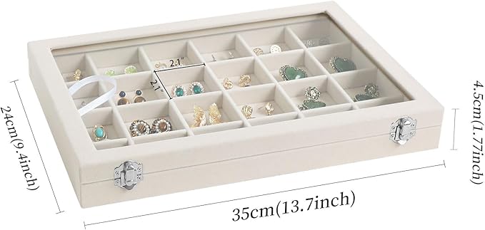 Wudygirl Jewelry Organizer Earring Holder Jewelry Tray with Lid Velvet Jewelry Box Jewelry Display Case Bracelet Earrings Ring Holder for Women Dresser (Beige 24 Grid Jewelry Tray)