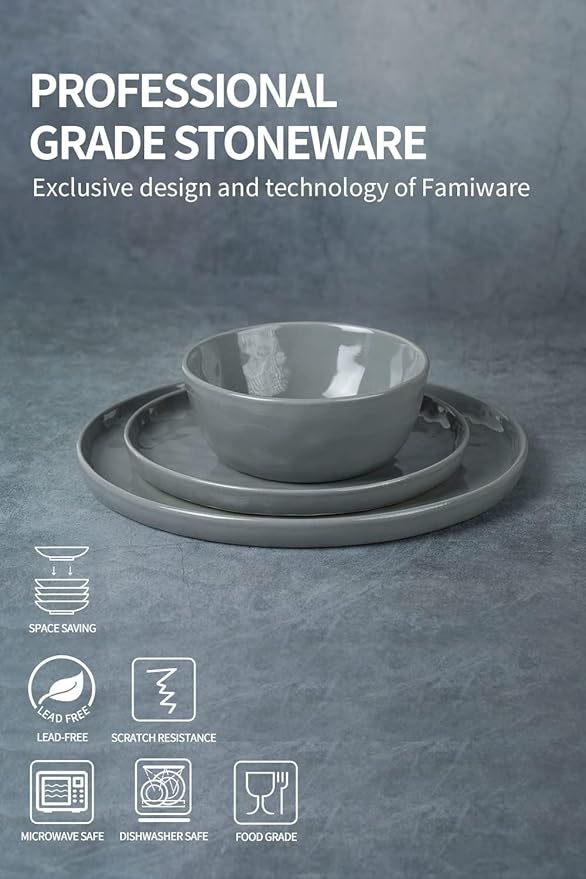 Famiware Mars Plates and Bowls Set, 24 Pieces Dinnerware Sets, Dishes Set for 8, Dark Gray