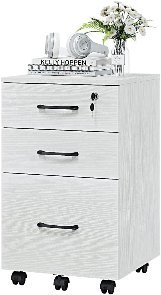 Panana 3 Drawer Wood Mobile File Cabinet, Under Desk Storage Drawers Small File Cabinet for Home Office (White)