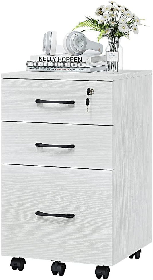 Panana 3 Drawer Wood Mobile File Cabinet, Under Desk Storage Drawers Small File Cabinet for Home Office (White)