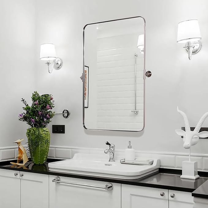 ANDY STAR 20"x30" Brushed Nickel Pivot Mirror for Bathroom, Silver Metal Frame Bathroom Mirrors for Wall，Rectangle Titling Vanity Wall Mirror with Rounded Corner Design Hangs Vertically Only