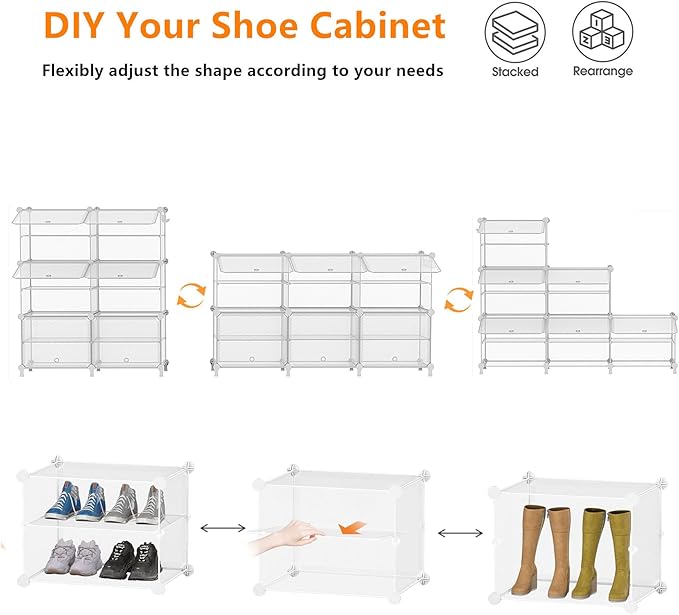 AWTATOS Shoe Rack, 6 Tier Shoe Storage Cabinet with Door, 24 Pair Shoe Organizer Shelves for Closet Hallway Bedroom Entryway, Transparent Twill