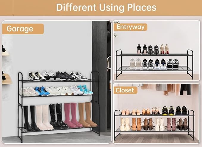 KEETDY 2-Tier Long Shoe Organizer for Closet Metal Shoe Rack for Entryway, Wide Stackable Shoe Shelf Storage with Sturdy Wire Grid for Closet Floor, Bedroom, Black