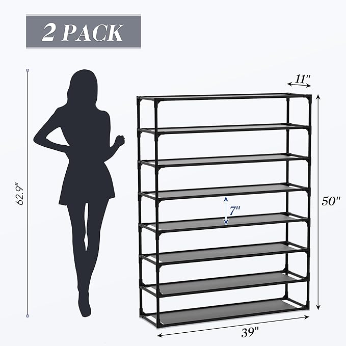 TY ARTS & CULTURE 2 Pack 8-Tiers Shoe Rack Organizer, Sturdy Metal Pipes & Durable Non-Woven Fabric, Space Saving Tall Shoe Shelf Hold 64-80 Pairs, Shoe Rack for Entryway (Black)