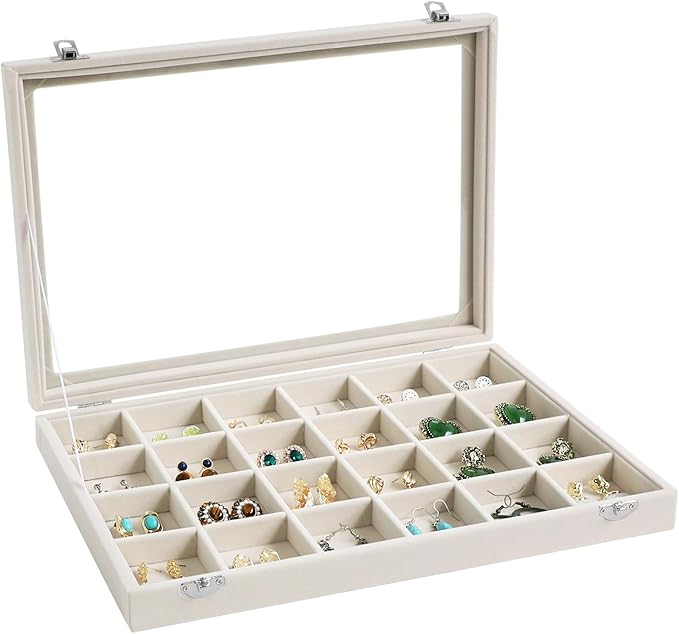 Wudygirl Jewelry Organizer Earring Holder Jewelry Tray with Lid Velvet Jewelry Box Jewelry Display Case Bracelet Earrings Ring Holder for Women Dresser (Beige 24 Grid Jewelry Tray)