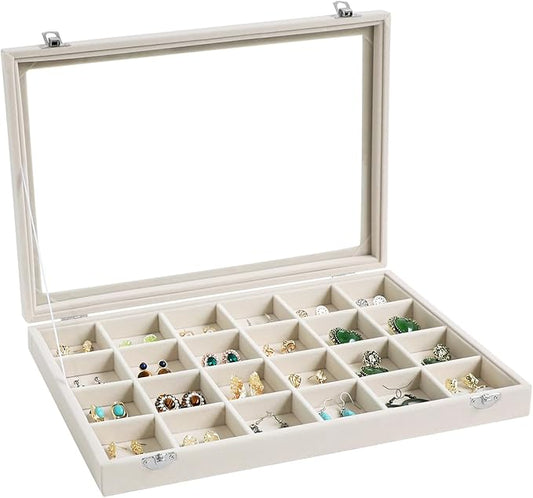 Wudygirl Jewelry Organizer Earring Holder Jewelry Tray with Lid Velvet Jewelry Box Jewelry Display Case Bracelet Earrings Ring Holder for Women Dresser (Beige 24 Grid Jewelry Tray)