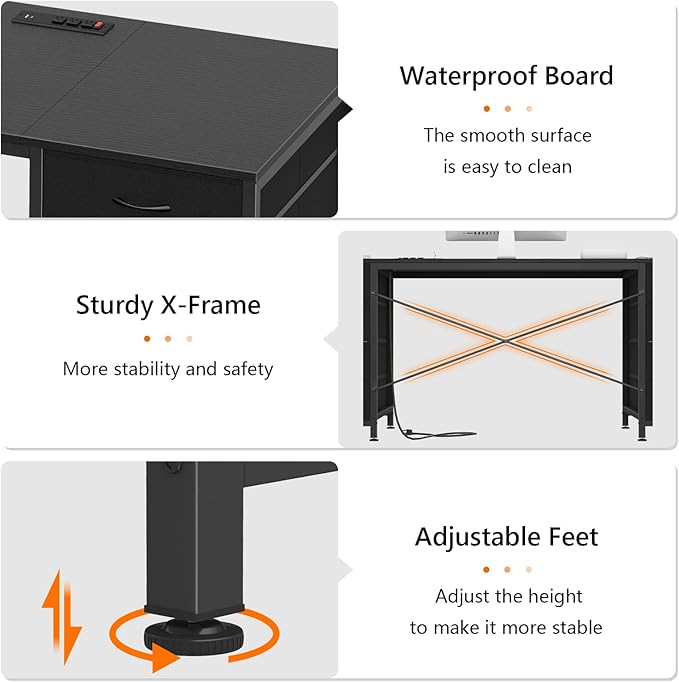 60 Inch Computer Desk with 8 Drawers, Home Office Desk with Power Outlets, Work Study Gaming Desk with 8 Fabric Drawers, Black