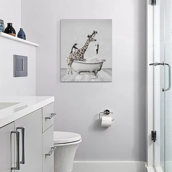 Funny Wall Art Giraffe and Penguin Bathroom Pictures for Kids - Animals in Bathtub Canvas Prints Artwork - Home Decorations for Bathroom, Bedroom, Toilet - Framed