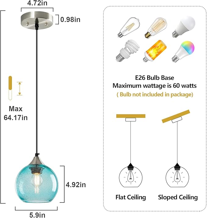 Light Blue Glass Pendant Lights Kitchen Island Globe Pendant Light Fixtures Modern Pendant Lighting for Bedroom Living Dining Room Light Fixture (5.9 in, 3 Pack)