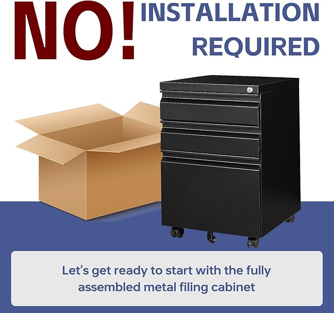 Rolling File Cabinet with Lock, 3 Drawer Metal Mobile Filing Cabinet Legal/Letter Size, Fully Assembled Except Casters, Black