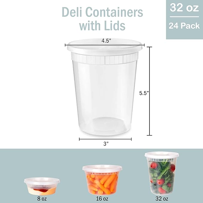 Galashield Deli Containers with Lids 32 oz. [24 Sets] Plastic Soup Containers with lids Deli Cups, To Go Food Containers