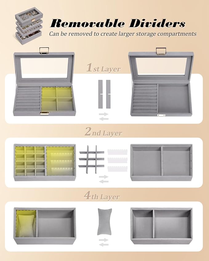 Homde Jewelry Tray Stackable Jewelry Box Drawer Organizer with Glass Lid, Removable Dividers for Vanity Table Gift Idea for Girls and Women (Gray)