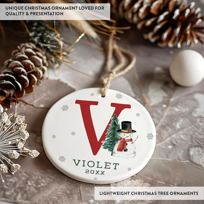 Andaz Press Personalized Ornament, Custom Name, Initial V Monogram Snowman 2.8" Ceramic Porcelain 2025 Christmas Ornament Keepsake for Kids, Boys, Girls, Includes Gold Ribbon & Gift Box, 1-Pack