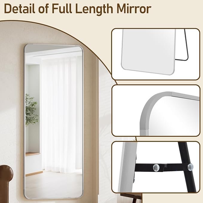 BEAUTYPEAK Silver Full Length Mirror, 65"x24" Rounded Corner Floor Mirror Standing Hanging or Leaning Against Wall, Suitable for Bedroom or Dressing Room