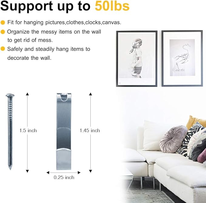 Picture Hangers (50 Pcs-50lbs), FUZANWJ Heavy Duty Picture Hooks with Nails Professional Picture Hanging Kit on Wooden/Drywall for Canvas, Office Pictures, Clock, House Decoration