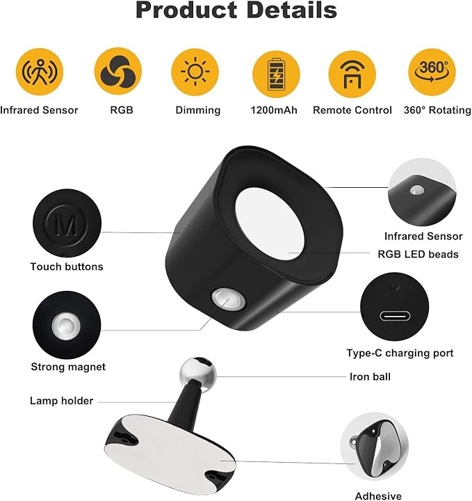 Infrared Sensor Wall Sconces, RGB Wall Mounted Lamp Rechargeable Battery Operated, 6 Brightness & 11 Light Modes LED Wall Lights 360° Rotation Magnetic Wireless Light for Bedroom Living Room
