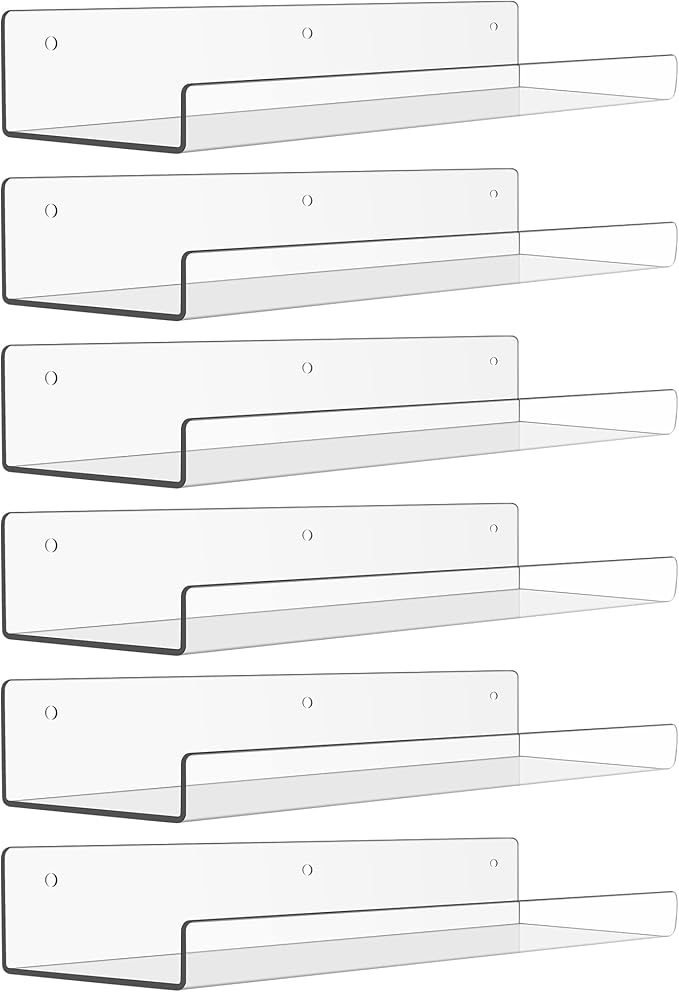 upsimples 6 Pack Acrylic Shelves for Wall Storage, 15" x 4“ Floating Bookshelves for Kids, Display Shelf Organizer for Bathroom, Bedroom, Living Room, Kitchen, Room Decor, Clear