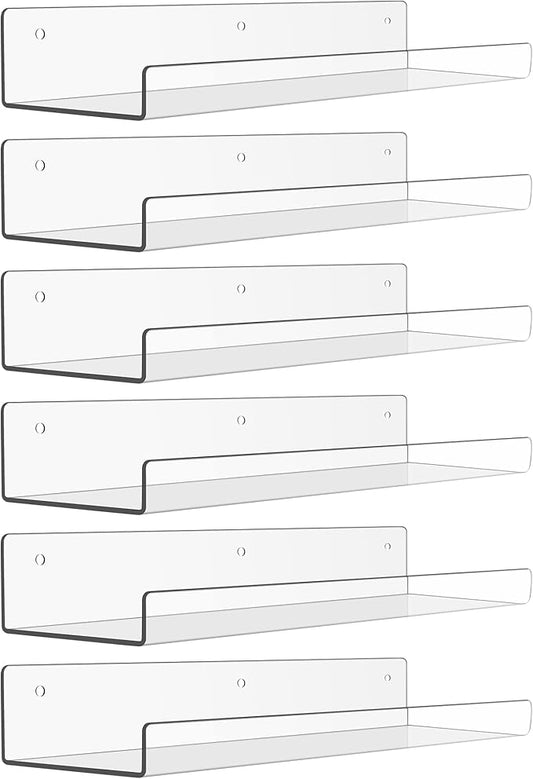 upsimples 6 Pack Acrylic Shelves for Wall Storage, 15" x 4“ Floating Bookshelves for Kids, Display Shelf Organizer for Bathroom, Bedroom, Living Room, Kitchen, Room Decor, Clear