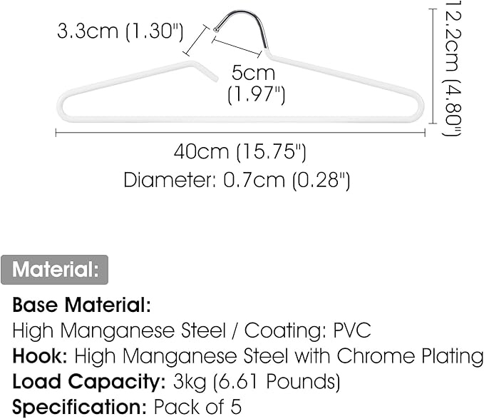 SHIMOYAMA Non-Slip Metal Clothes Hangers - 5 Pack, Space-Saving Short Neck Hangers for T-Shirts, Dresses, Tank Tops (White)