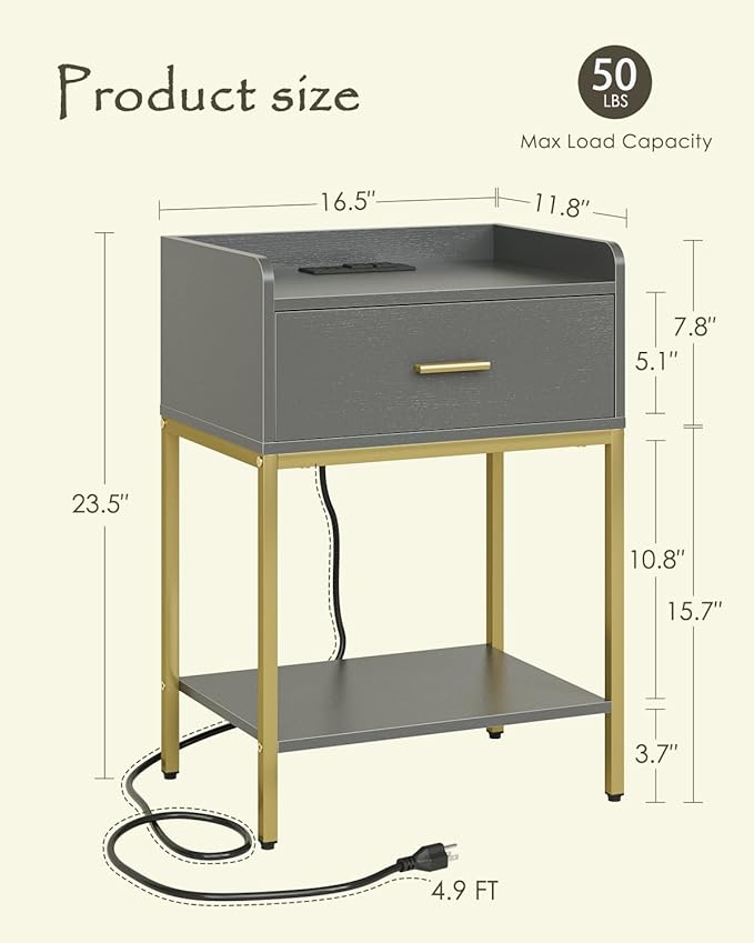 Nightstand with Charging Station,3-Tier Bedside Table for Small Space,Modern Night Stand with Storage Drawer and Shelf,Small Side Table for Bedroom,Living Room,Gray