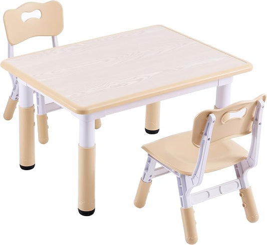 Kids Table and 2 Chairs Set, Height-Adjustable Toddler Table and Chair Set with Graffiti Desktop, 31.5''L x 23.6''W Children Activity Table for Daycare, Classroom, Home