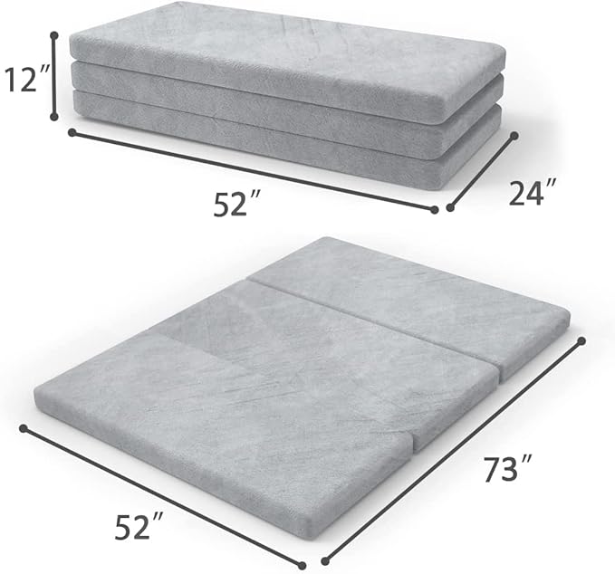 SINWEEK Tri Folding Mattress with Storage Bag 4" Foldable Mattress Foam Topper Floor Cot, Guest Bed with Machine Washable Cover and Waterproof Lining, CertiPUR-US Certified 52 x 73 Inch