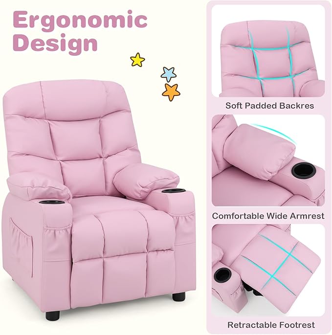 Kids Recliner, Kids Recliner Chair w/ 2 Cup Holders, PU Leather Kids Chairs Comfy w/Adjustable Backrest & 3 Pockets, Toddler Furniture Sofa for Boys Girls Aged 3+ (Pink)