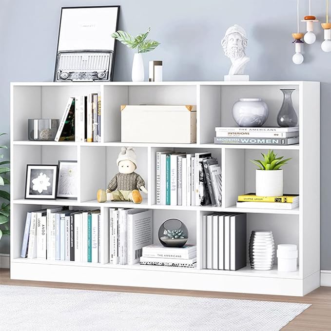 IOTXY Open Shelf Low Bookcase - Wooden 3-Tier Floor Standing Display Cabinet Organizer with Base, 10 Cubes Short Horizontal Bookshelf in Warm White