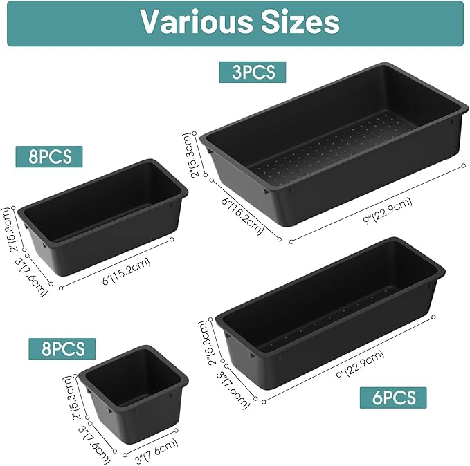 WOWBOX 25 PCS Plastic Drawer Organizer Set, Desk Drawer Divider Organizers and Storage Bins for Makeup, Jewelry, Gadgets for Kitchen, Bedroom, Bathroom, Office, Deep Black