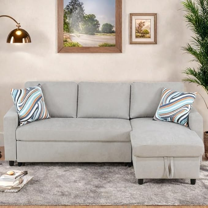 FONTOI Sofa Bed Pull Out Couch, Convertible L Shaped Sleeper Sofa with Storage Chaise, Modern Lounge Small Sectional Couches for Living Room Small Spaces, Grey