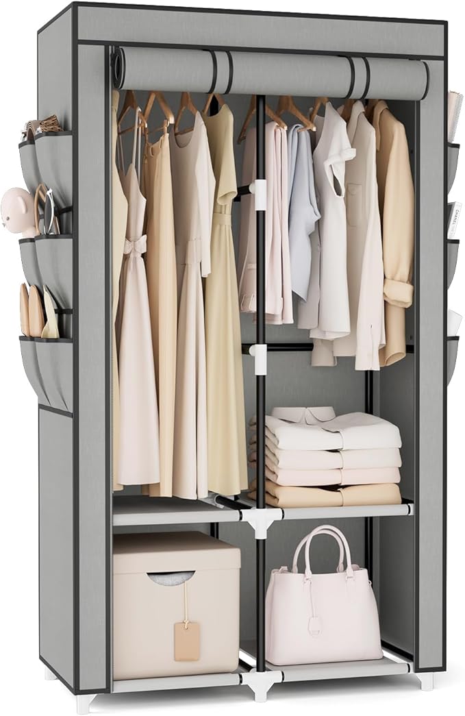 VTRIN Portable Closet Wardrobe for Hanging Clothes with 4 Storage Shelves, 2 Hanging Rods and 6 Pockets, Stable and Easy Assembly Clothes Rack with Cover Free Standing Closet for Bedroom, Grey