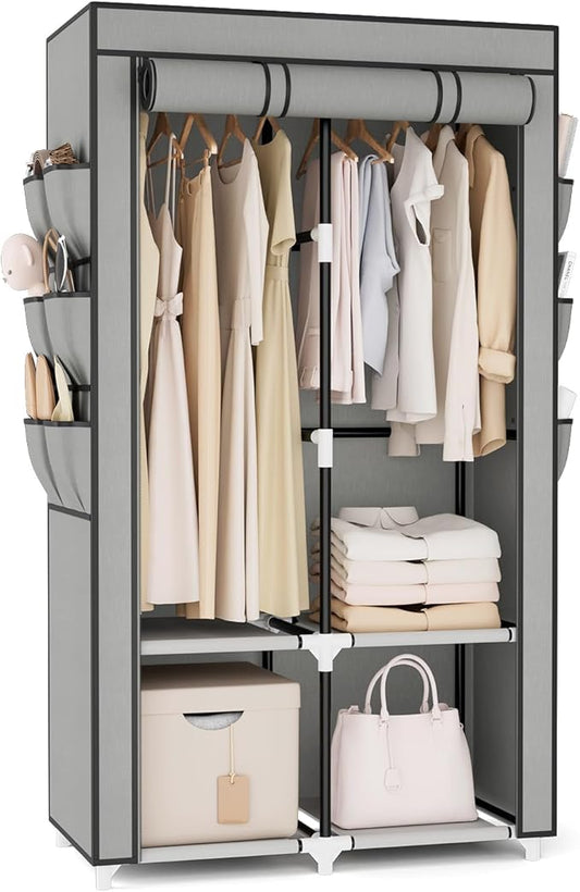 VTRIN Portable Closet Wardrobe for Hanging Clothes with 4 Storage Shelves, 2 Hanging Rods and 6 Pockets, Stable and Easy Assembly Clothes Rack with Cover Free Standing Closet for Bedroom, Grey