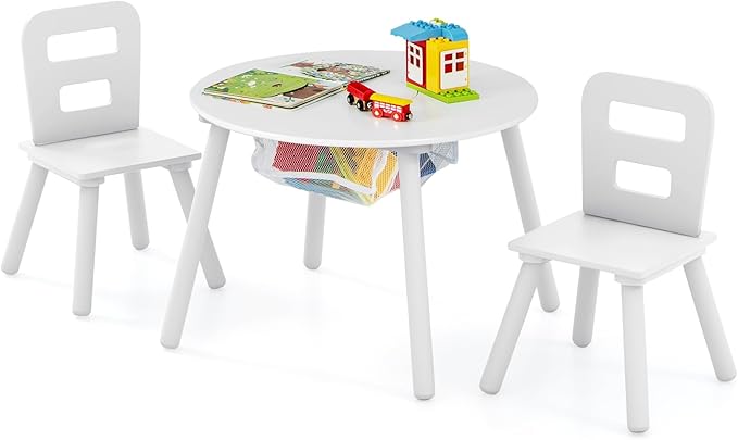 Costzon Kids Table and Chair Set, Wood Activity Table w/Center Mesh Storage, Children Furniture Gift for Boys & Girls, Ideal for Arts, Crafts, Snack Time, Homework, Toddler Table and Chairs, White