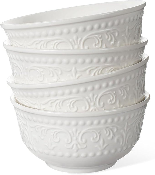 Small Ceramic Bowls - 14 Oz Ice Cream Bowls Set of 4, White Embossment Dessert Bowl for Kitchen, Soup, Side Dishes, Oatmeal, Rice, 4.75 Inch Microwave Oven Safe(Brocade Flower)