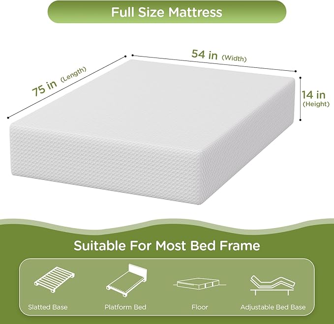 PayLessHere 14 Inch Full Mattress Base Foam Mattress,Removable Soft Cover,Bunk Bed, Trundle, Daybed,White，Fiberglass Free