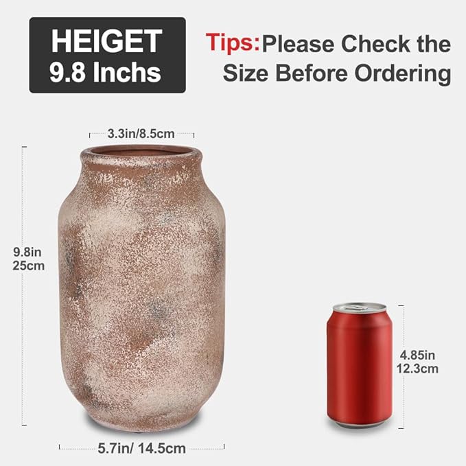 Rustic Farmhouse Ceramic Vase, 9.8" Tall Vintage Pottery Vases, Terracotta Decorative Boho Pampas Flower Vase, Suitable for Home Decor Living Room Entryway Table Bookshelf Mantle Shelf Decor