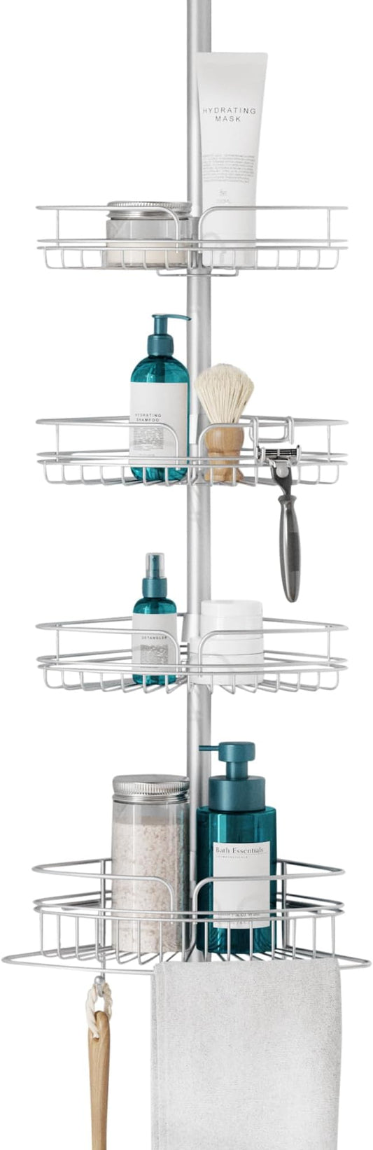 Zenna Home Tension Pole Shower Caddy Corner Organizer, Adjustable Standing Shower Caddy with 4 Baskets and Built in Towel Bar, Rust Resistant Bathroom Tension Rod Organizer, 60 to 97 Inch, Chrome
