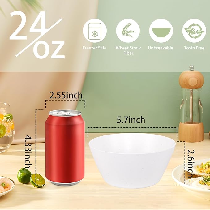 supernal 12PCS White Wheat Straw Bowls - Unbreakable Reusable Soup & Cereal Bowls with Smooth Edges,Fridge & Dishwasher Safe,Hard Plastic Dinnerware for Ramen,Salad,Hot Food(Sturdy & Lightweight)