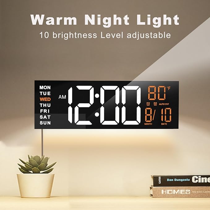 JALL 16" Large Digital Wall Mount Clock, Count Down Timer, Alarm, Big LED, RGB Color, DST, Temperature for Living Room Classroom Desk, Xmas, Birthday Gift for Senior Mom Dad (White Orange, 16 inches)