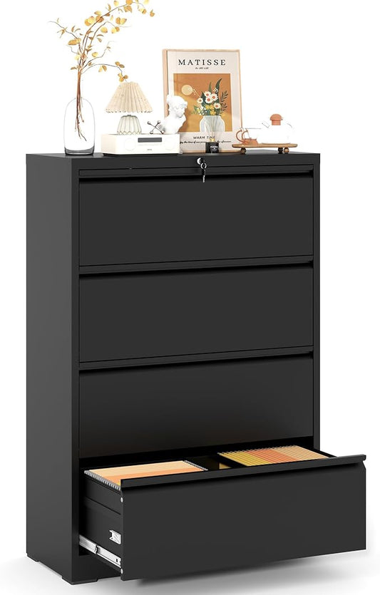 Lateral File Cabinet with Lock,4 Drawer Metal Filing Cabinets, Home Office Storage Cabinet for Hanging Files Letter/Legal/F4/A4 (Black)