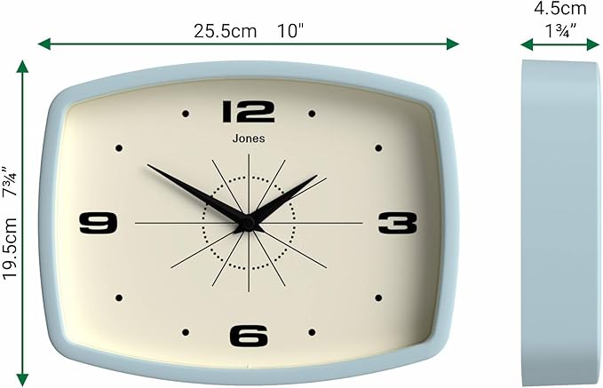JONES CLOCKS® Movie Wall Clock | Rectangular Retro Clock | 10 inch | Pale Blue | Cool mid-Century Designer Look for Kitchen, Living Room or Office