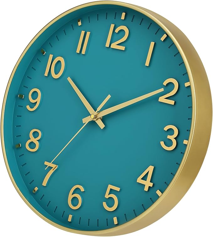 HZDHCLH Teal and Gold Wall Clocks Battery Operated 12 inch Silent Non Ticking Modern Wall Clock for Living Room Bedroom Kitchen Office Decor
