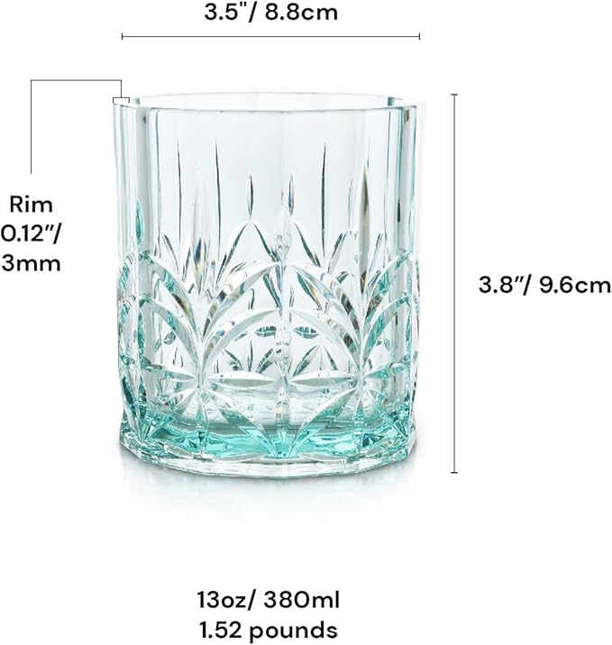 BELLAFORTE Shatterproof Tritan Plastic Short Tumbler, Set of 4, 13oz - Myrtle Beach Unbreakable Crystal Cut Old Fashioned Drinking Glasses for Whiskey - BPA Free - Dishwasher Safe - Teal