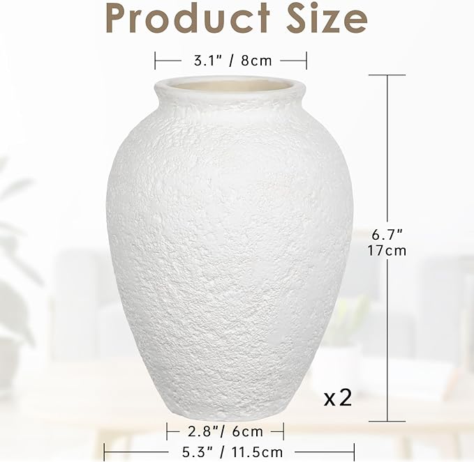 Rustic Ceramic Vase for Home Decor – 2PCS 6.7" Small Decorative Matte White Vases for Dried Flowers, Pampas Grass, Faux Plants – Modern Farmhouse Boho Table Centerpiece
