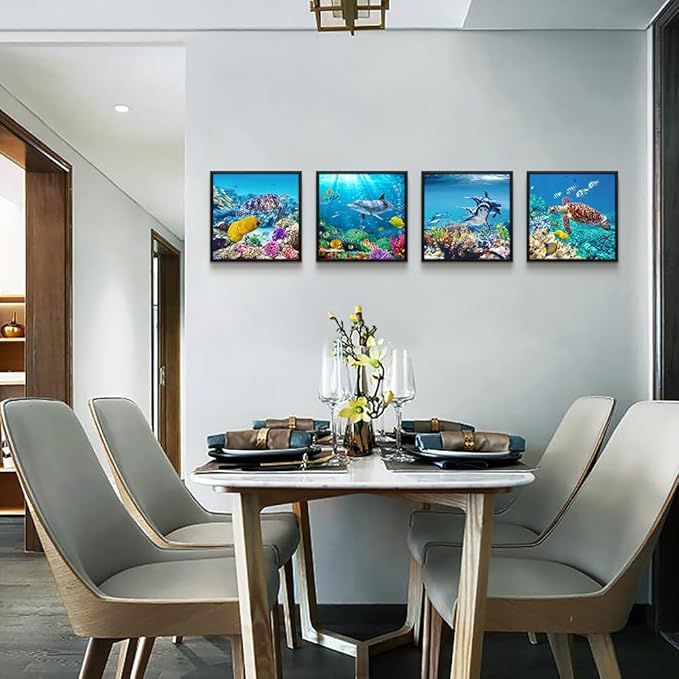Set Of 4 Piece Black Framed Wall Art For Living Room Family Bedroom Wall Pictures Artwork Bathroom Wall Decor Coral Sea Fish And Turtles Blue Ocean Theme Painting Ready to Hang Modern Home Decor