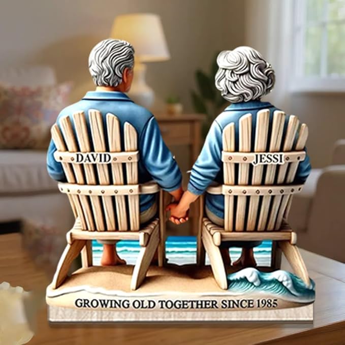 Custom Growing Old Together Christmas Decoration, Personalized Couple Beach Chair Wooden Plaque, Holiday Gift for Parents or Grandparents, Heartfelt Wooden Keepsake for Anniversary Celebration