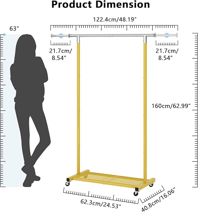 JIUYOTREE Rolling Clothes Rack with Dense Mesh Storage Shelf Clothing Garment Rack with Wheels Width Adjustable Clothing Organizer for Hanging Clothes Shirts Pants Skirts and Bags Gold